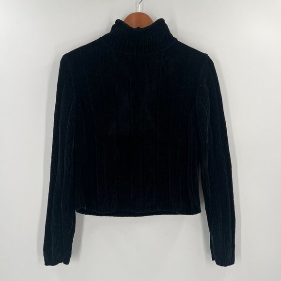 VTG RAVE S Chenille Turtleneck Sweater Black Ribbed Y2K 90s Fuzzy Pullover - Picture 1 of 8